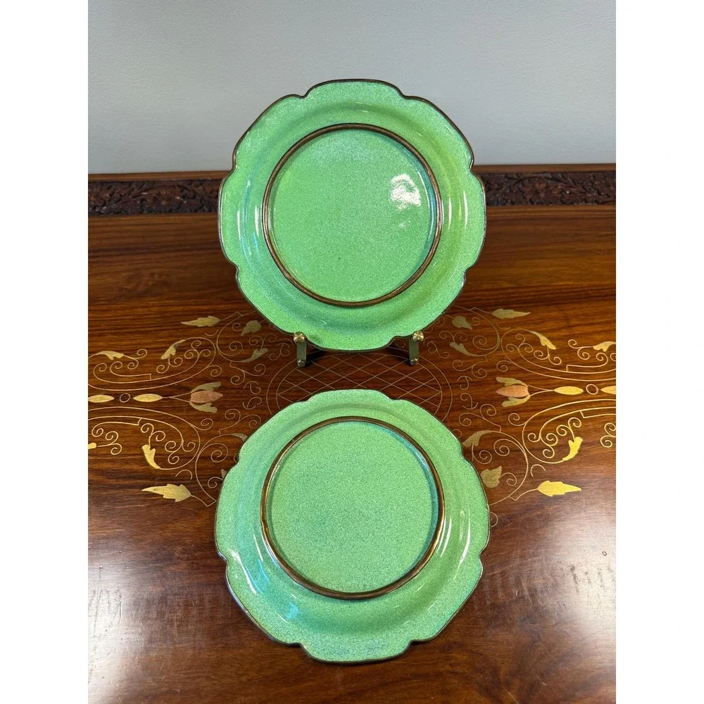 Pair Vintage Chinese Canton Enamel Copper Plates Peach Floral 6